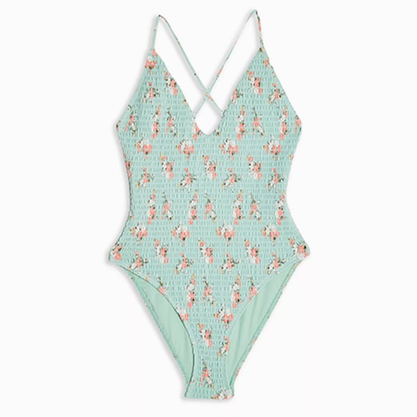 Sage Shirred Floral Plunge Swimsuit from Topshop