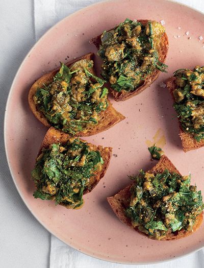 Turmeric-Fried Bread With Herbed Aubergine