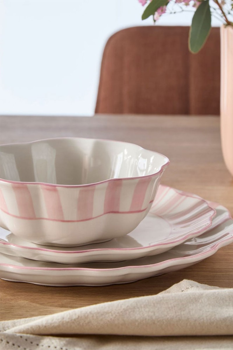Set of 12 Pink Hand Painted Stripe Crockery Set from Next