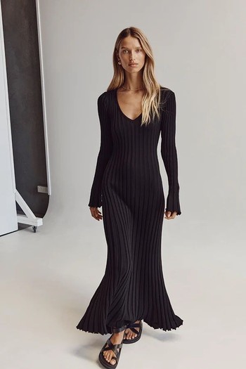 Reign Black Sleeved Knit Midi Dress from Dissh