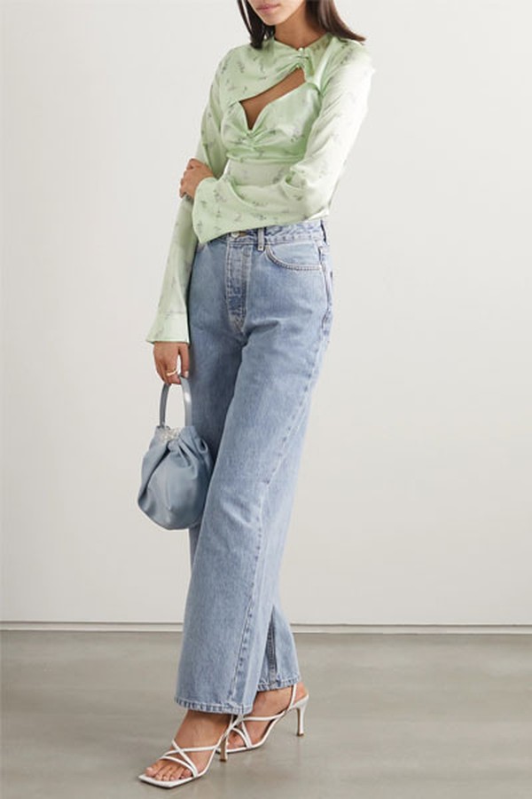 Cutout Ruched Floral-Print Stretch-Silk Satin Top from Ganni