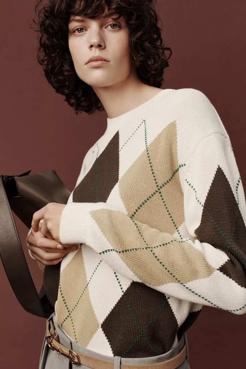 Cotton Knit Sweater With Argyle Detail from Massimo Dutti