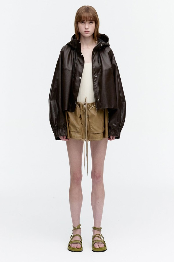 Ballon Silhouette Hooded Artificial Leather Jacket