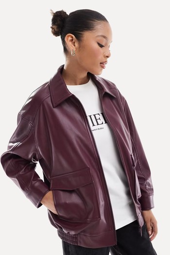 STR Faux Leather Bomber Jacket from Stradivarius