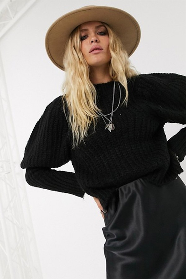 Chunky Rib Balloon Sleeve Jumper In Lofty Yarn from ASOS