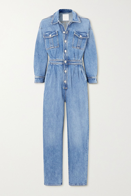 The Pleated Prep Curbside Denim Jumpsuit from Mother