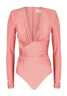 Pink Ruched Satin-Jersey Bodysuit from Alexandre Vauthier