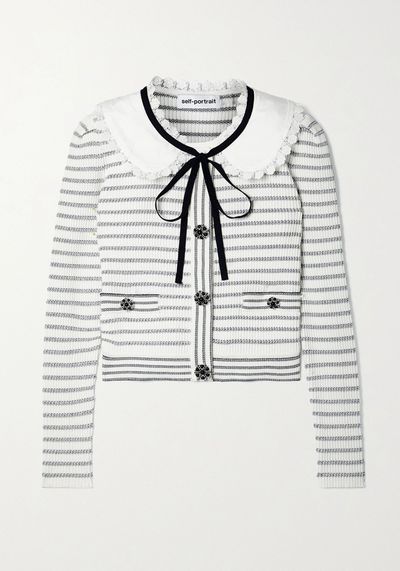 Embellished Crochet-Trimmed Striped Metallic Cardigan from Self-Portrait