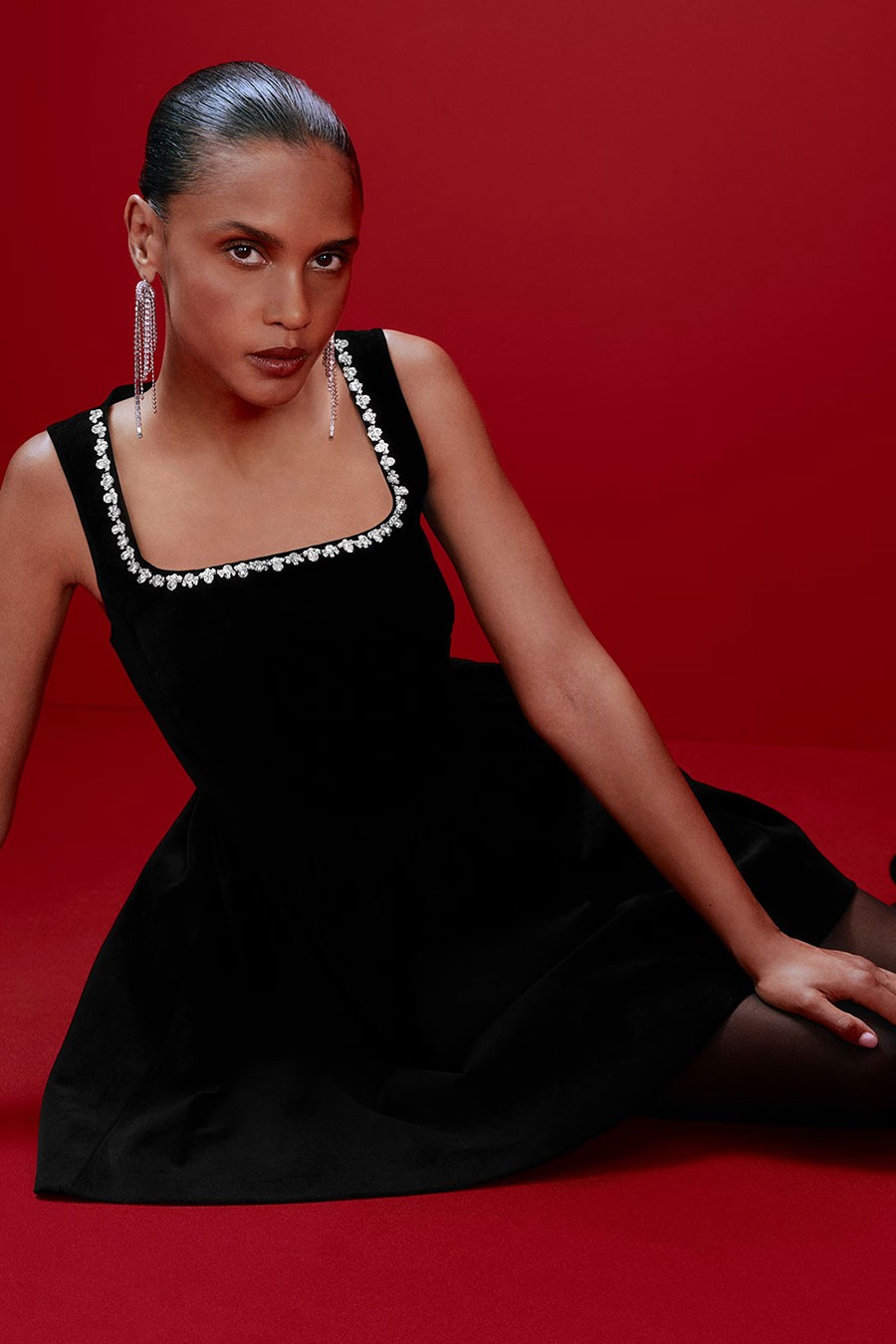 Cotton Rich Velvet Embellished Mini Skater Dress from Marks & Spencer