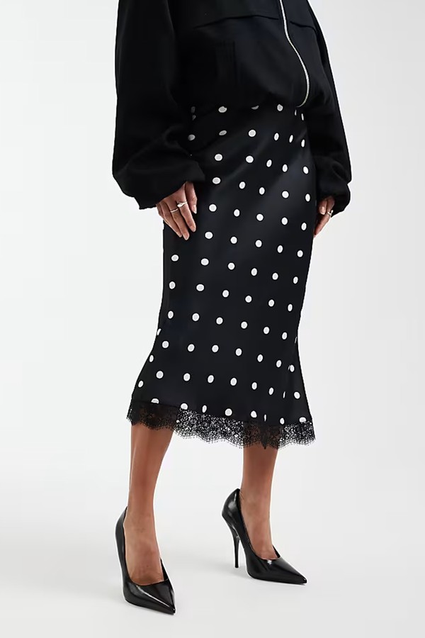 Polka Dot Lace Trim Satin Midi Skirt from New Look