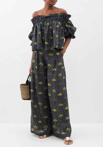 Pinon Botanical-Print Linen Wide-Leg Trousers from Agua by Agua Bendita