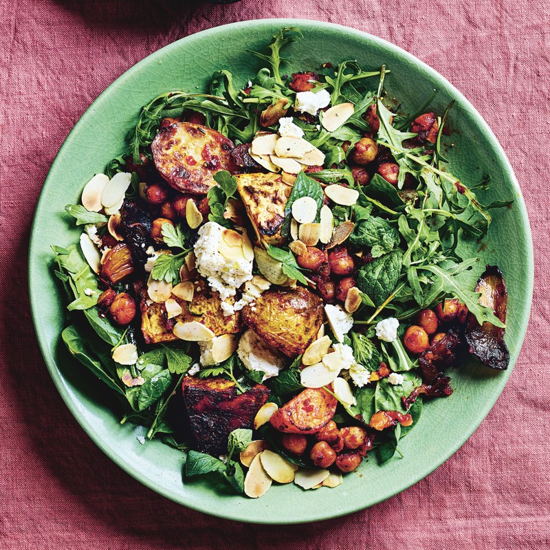 Harissa-Roasted Roots With Feta, Almonds & Chickpeas