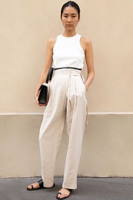Side-Belt Beige Pants with Black Contrast Piping