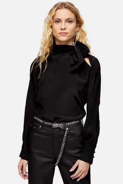 Black Silk Tuck Neck Shirt