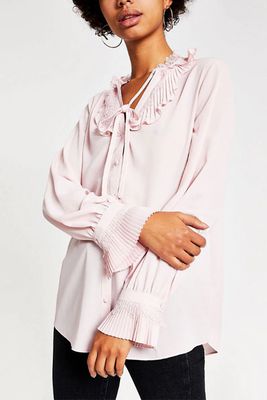 Pink Lace Trim Long Sleeve Blouse