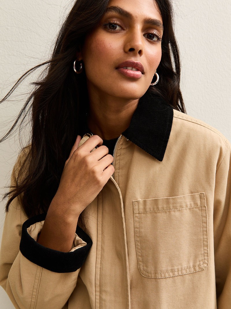 Stone Contrast Collar Midi Barn Jacket