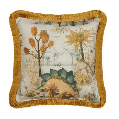 Dinosauria Medium Fringed Cotton-Linen Cushion from House Of Hackney