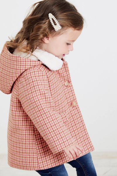 Pink/Cream Heritage Check Borg Lined Coat With Wool Mix 