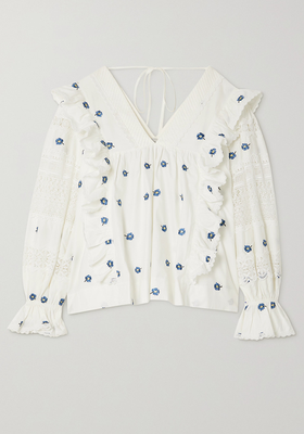 Carla Ruffled Embroidered Lace-Trimmed Cotton-Poplin Blouse from Lug Von Siga