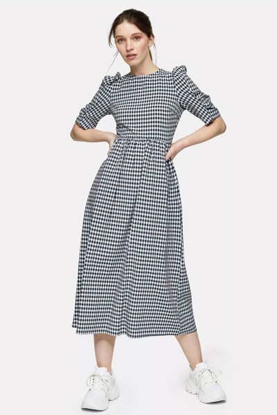 Black & White Gingham Cross Back Smock Midi Dress