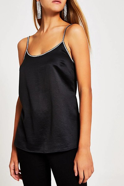 Black Satin Diamante Trim Cami Top from River Island