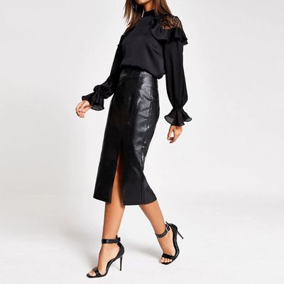 Black Faux Leather Croc Embossed Pencil Skirt
