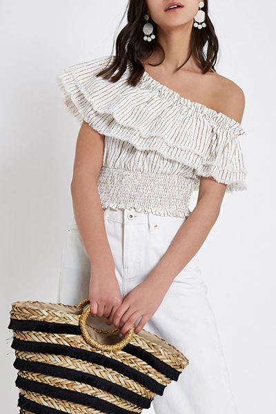 Cream Stripe Frill One Shoulder Crop Top