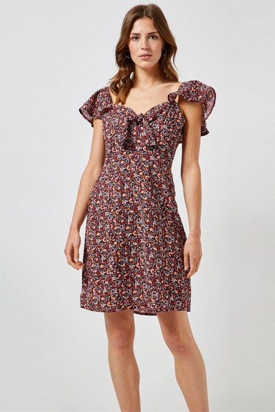 Oxblood Floral Print Tie Front Dress