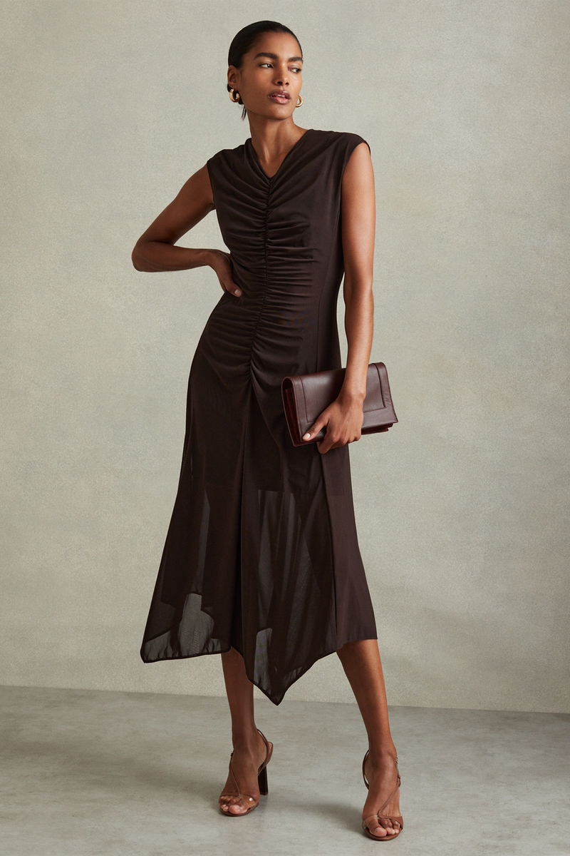 Lyra Mesh Jersey Ruched Midi Dress