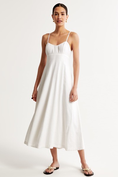 Linen-Blend Sweetheart Midi Dress