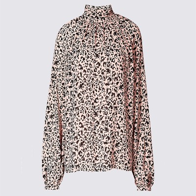 Printed Funnel Neck Long Sleeve Blouse