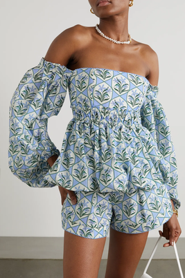 Jamaica Off-The-Shoulder Ruffled Shirred Floral-Print Cotton-Poplin Top from Agua By Agua Bendita
