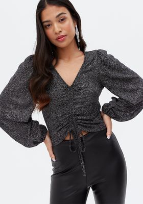 Black Glitter Ruched Long Sleeve Crop Top
