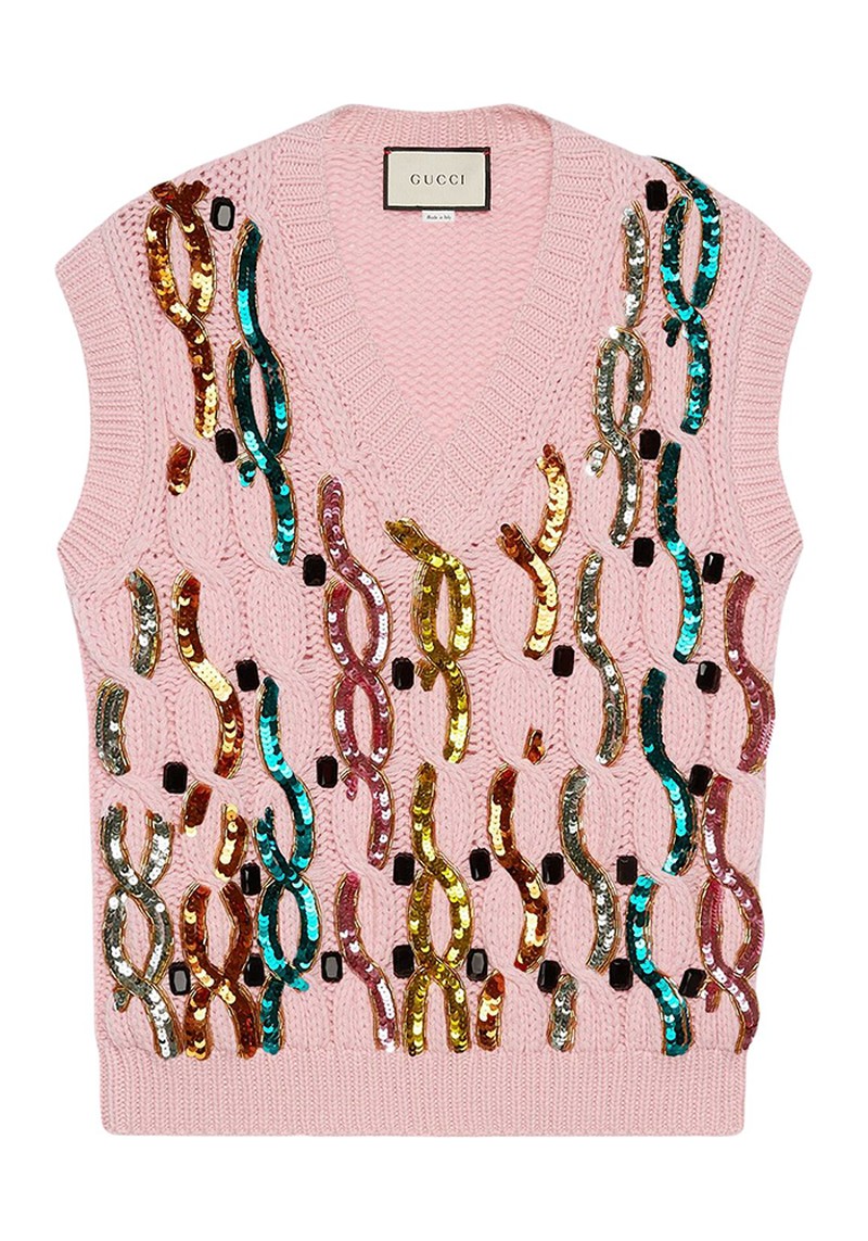 Sequin Embroidered Wool Pink Vest from Gucci