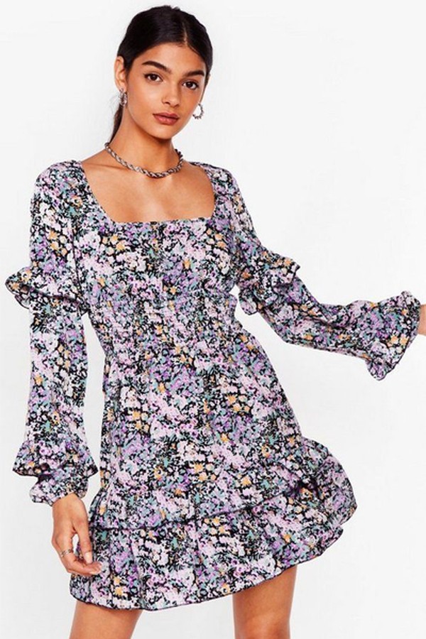 Shirred Mini Tea Dress In Lavender Print