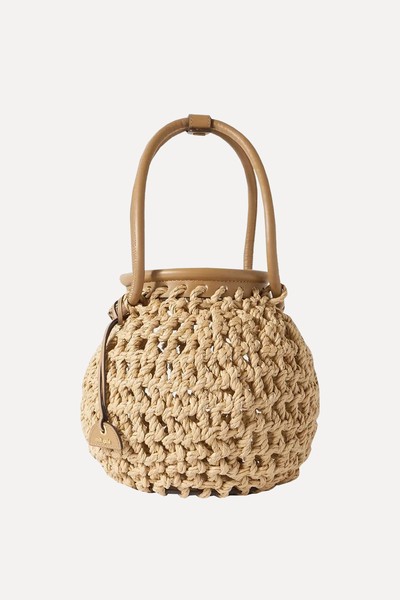 Enya Leather-Trimmed Raffia Bucket Bag