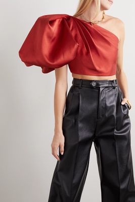 Corin Cropped One-Shoulder Gathered Satin-Twill Top from Solace London