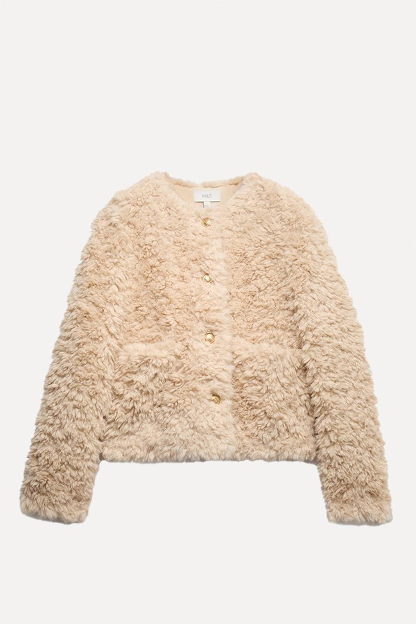 Faux Fur Textured Collarless Short Jacket from Marks & Spencer