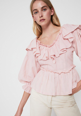 Embroidered Cotton Ruffle Front Top