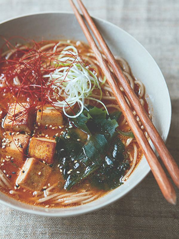 Spicy Miso Soba Noodle Soup With Ginger Teriyaki Tofu