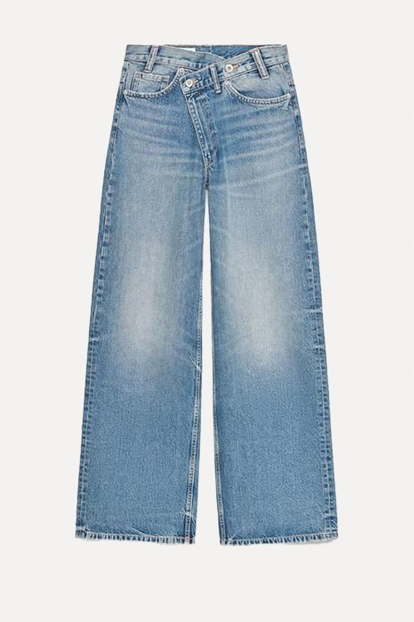Wide-Leg High-Waist Jeans With Crossover Waist