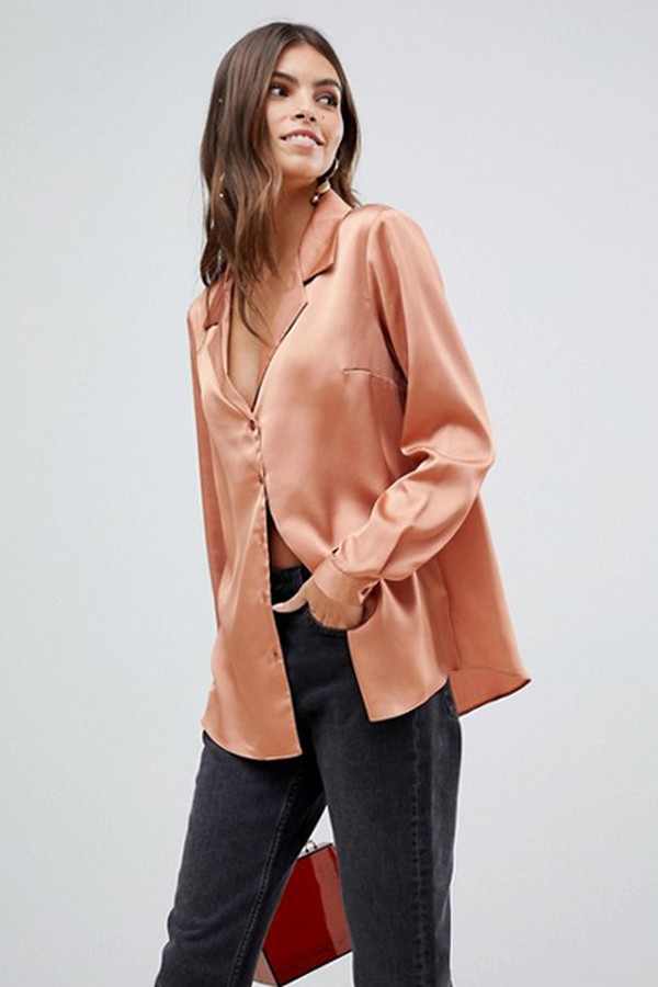 Relaxed Satin Long Sleeve Shirt from ASOS