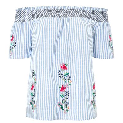 Tall Blue Embroidered Bardot Top