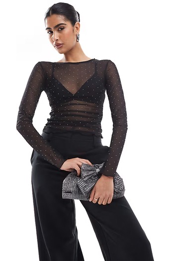 Glitter Stud Long Sleeved Mesh Top from Pull & Bear