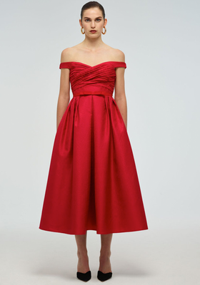 Red Textured Off Shoulder Midi Dress from Self-Portrait x Relove