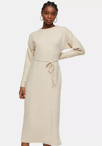 Camel Ribbed Belted Midi Dress