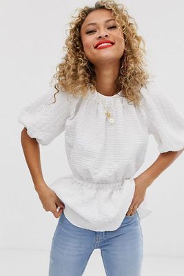 Short Sleeve Waisted Top In Textured Fabric