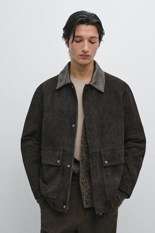 Suede Leather Jacket With Collar Detail from Massimo Dutti