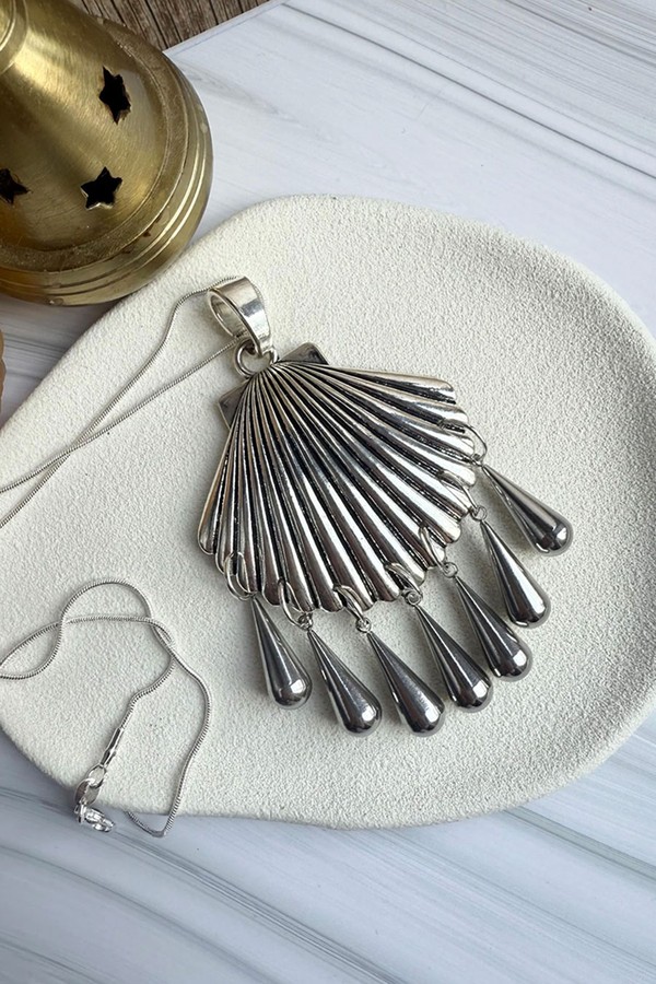 Silver Large Shell Pendant Necklace With Silver Steel Drops from MoonForestJewellery