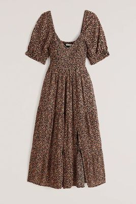 Short-Sleeve Smocked Midi Dress
